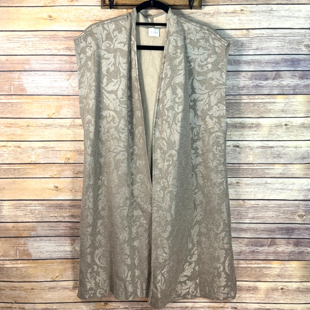 Chico's Travelers Collection Tan & Metallic Floral Print Long Open Front Vest L